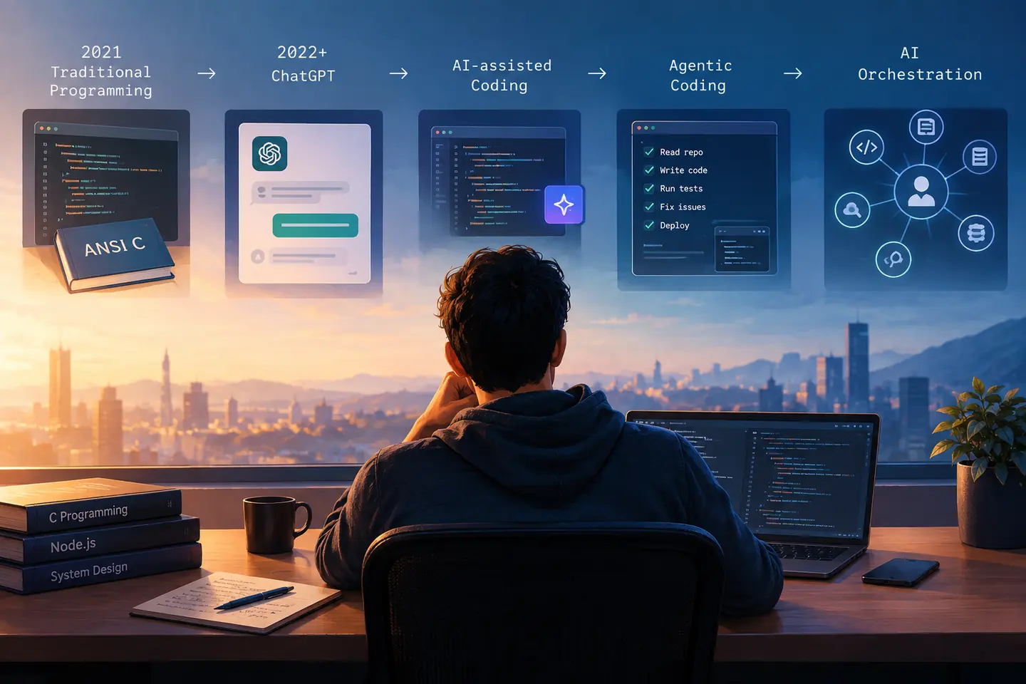 A developer at a desk at dusk looking at a timeline of their workflow: traditional programming, ChatGPT, AI-assisted coding, agentic coding and AI orchestration