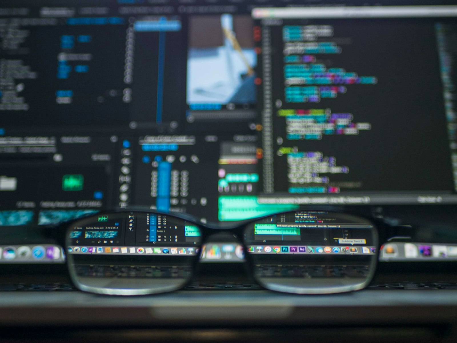 Glasses resting in front of monitors full of code and open windows
