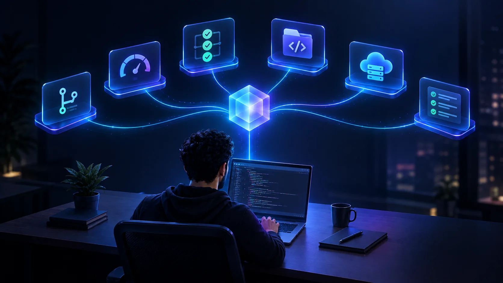 A developer at a laptop directing an AI agent that is connected to source control, code quality, CI/CD, the code repository, cloud infrastructure and test results