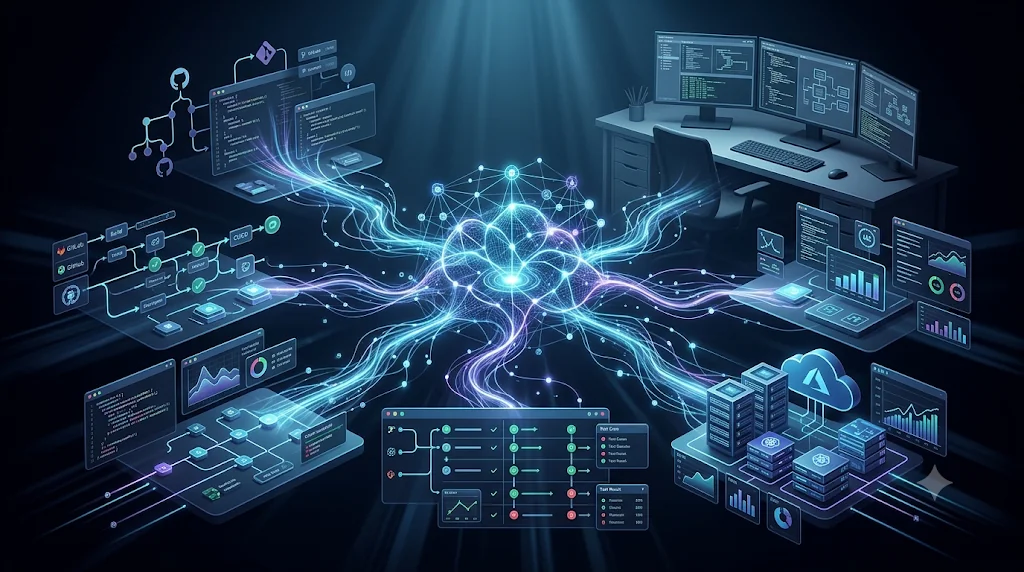 Streams of light connecting a central AI core to floating panels for code repositories, CI/CD pipelines, test results, dashboards and cloud servers