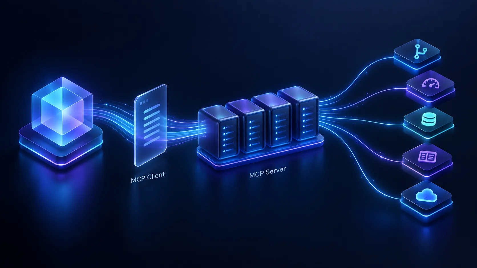 An AI agent connected through an MCP client and a row of MCP servers to separate tools: source control, code quality, a database, a task board and the cloud