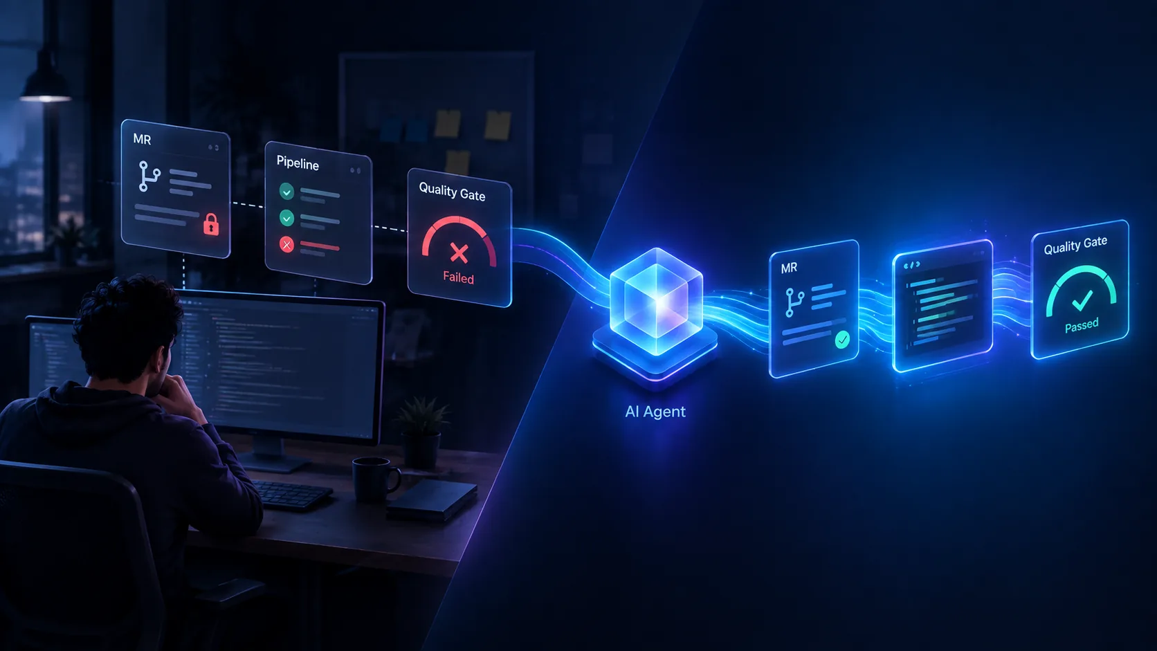 On the left, a developer at a desk facing a locked merge request, a pipeline with a failed step and a failed quality gate. On the right, an AI agent links the merge request, the code and the quality gate into one flow